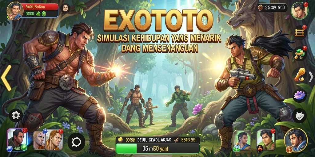 Tampilan gameplay EXOTOTO dengan kustomisasi karakter dan interaksi sosial.