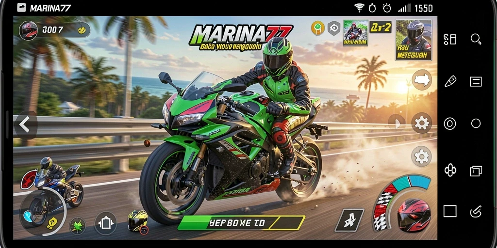 Screenshot gameplay <strong>MARINA77</strong> menunjukkan balapan motor yang cepat dan seru.