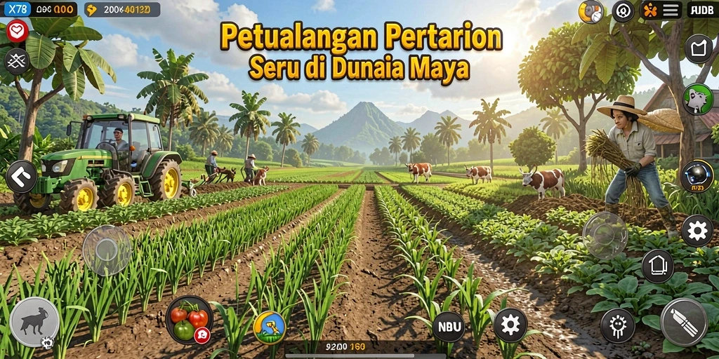 Tangkapan layar gameplay X78 menampilkan suasana pertanian yang hidup dan interaktif.